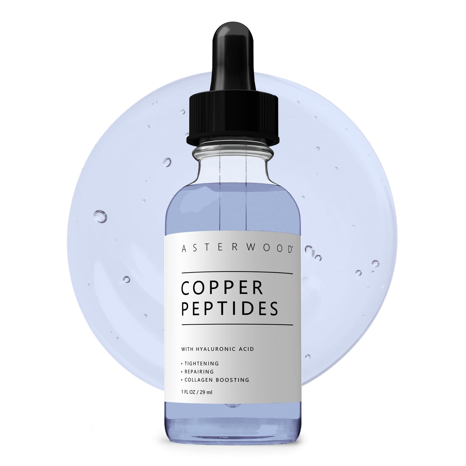 Asterwood Copper Peptides Serum 1 fl oz bottle centered over a clear gel splash, label highlighting Hyaluronic Acid.