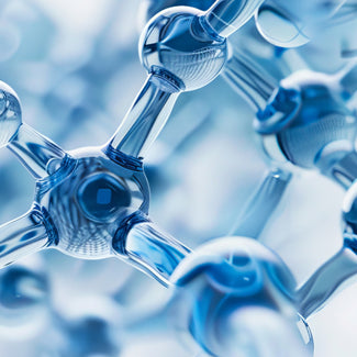 Abstract macro of blue peptide molecules and water droplets, visualizing Argireline at a microscopic level.