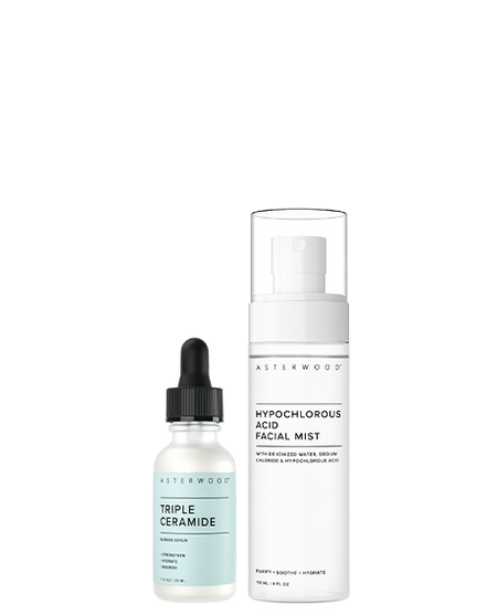 Asterwood Barrier Boost Duo: Triple Ceramide barrier serum 1 fl oz frosted bottle beside the Hypochlorous Acid Facial Mist 4 fl oz spray.