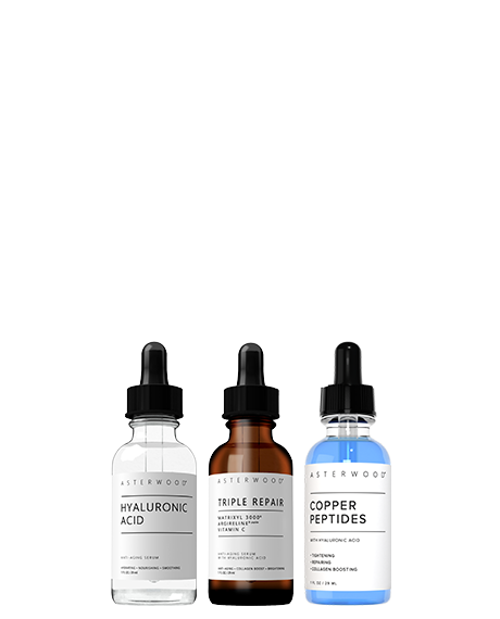 Asterwood Bounce Back Trio: Hyaluronic Acid serum, Triple Repair amber serum, and Copper Peptides blue serum lined up on white.