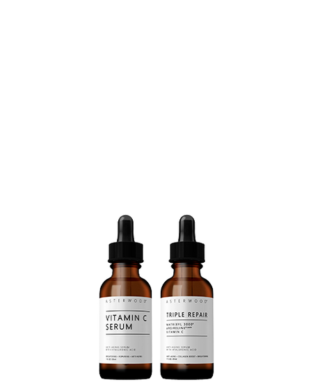 Asterwood Glow & Go Bundle: Vitamin C Serum amber bottle paired with Triple Repair Matrixyl 3000 + Argireline + Vitamin C serum.