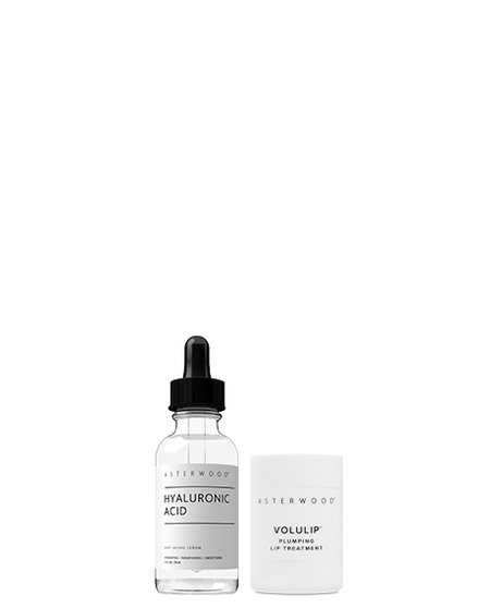 Asterwood Hydration Heroes bundle: Hyaluronic Acid serum dropper bottle next to the Volulip Plumping Lip Treatment.