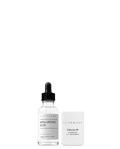 Asterwood Hydration Heroes bundle: Hyaluronic Acid serum dropper bottle next to the Volulip Plumping Lip Treatment.