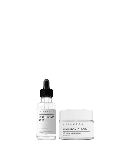 Asterwood Hydration Recovery duo: Hyaluronic Acid Anti-Aging Serum dropper bottle beside the Hyaluronic Acid Anti-Aging Moisturizer jar.