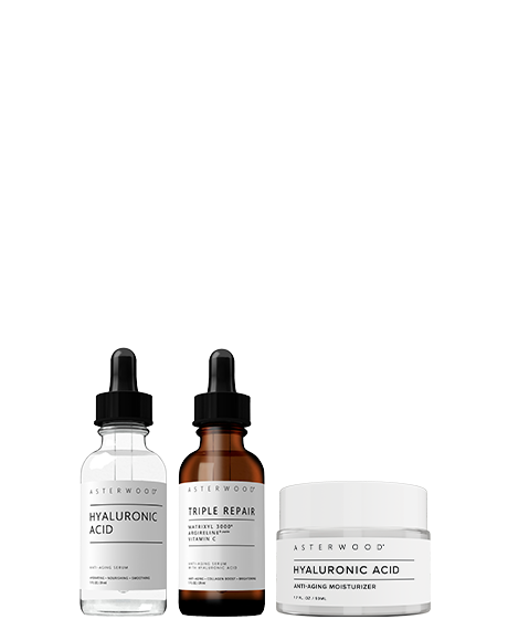 Asterwood Skincare Hero Trio: Hyaluronic Acid serum, Triple Repair amber serum, and Hyaluronic Acid Anti-Aging Moisturizer jar.