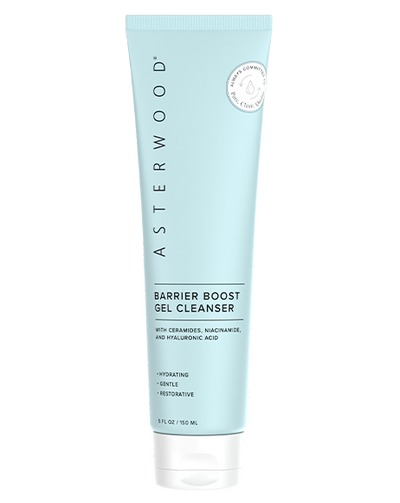 Asterwood Barrier Boost Gel Cleanser 5 fl oz light blue tube with ceramides, niacinamide and hyaluronic acid, labeled hydrating, gentle and restorative.