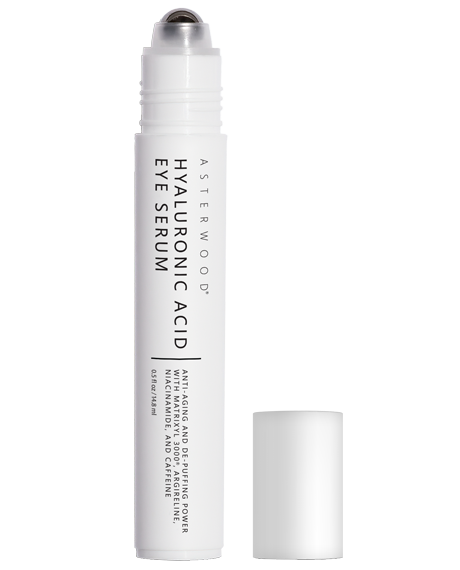 Asterwood Hyaluronic Acid Eye Serum 0.5 oz white roller-tip pen with Matrixyl 3000, Argireline, Niacinamide and Caffeine.