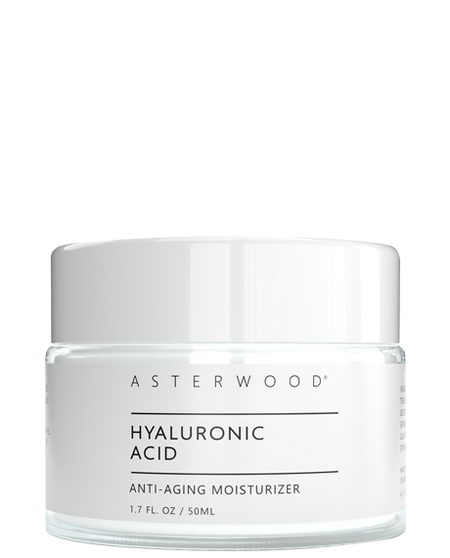 Asterwood Hyaluronic Acid Anti-Aging Moisturizer 1.7 fl oz glass jar with white lid and minimalist white label.