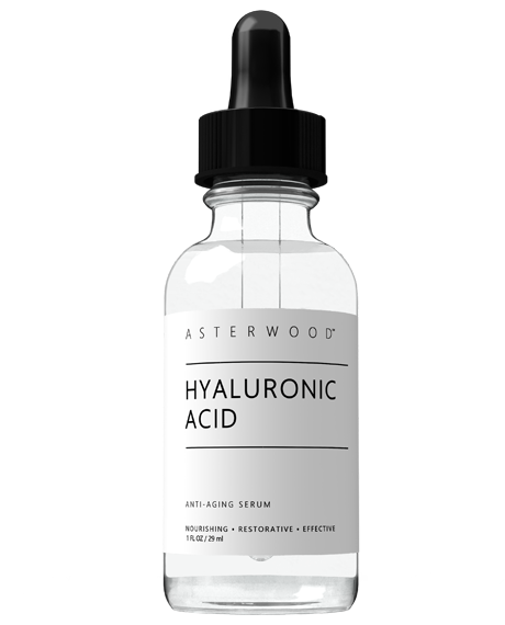 Asterwood Hyaluronic Acid Anti-Aging Serum 1 fl oz clear glass dropper bottle, label notes nourishing, restorative, effective.