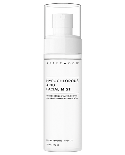 Asterwood Hypochlorous Acid Facial Mist 4 fl oz frosted spray bottle with clear cap on white, labeled purify, soothe, hydrate.