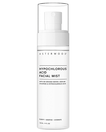 Asterwood Hypochlorous Acid Facial Mist 4 fl oz bottle on white, label listing de-ionized water, sodium chloride, and hypochlorous acid.