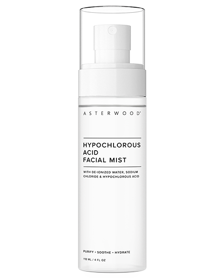 Asterwood Hypochlorous Acid Facial Mist 4 fl oz bottle on white, label listing de-ionized water, sodium chloride, and hypochlorous acid.
