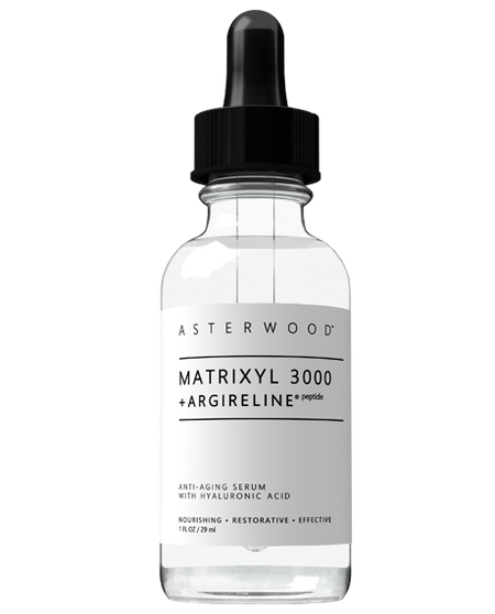 Asterwood Matrixyl 3000 + Argireline Peptide Serum 1 fl oz clear bottle with Hyaluronic Acid, label notes nourishing, restorative, effective.