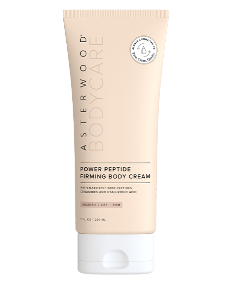 Asterwood Bodycare Power Peptide Firming Body Cream 7 fl oz tan frosted tube with Matrixyl 3000 peptides, ceramides, and Hyaluronic Acid.