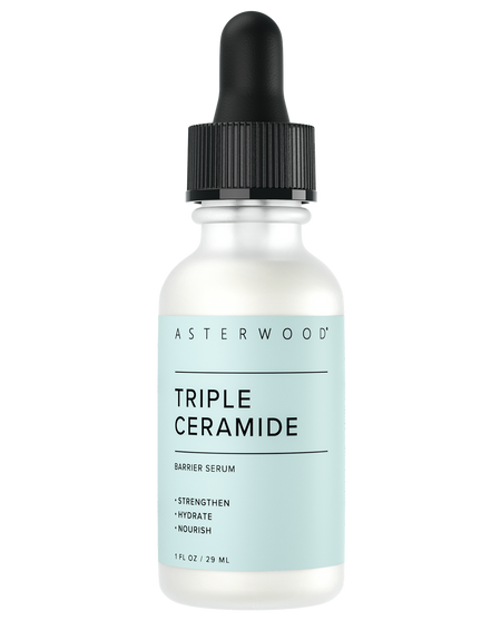 Asterwood Triple Ceramide Barrier Serum 1 fl oz frosted bottle with light blue label, strengthen, hydrate, nourish barrier serum.