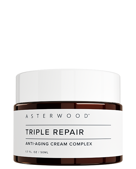 Asterwood Triple Repair Anti-Aging Cream Complex 1.7 fl oz amber jar with white lid, listing Matrixyl 3000, Argireline peptide, and Vitamin C.