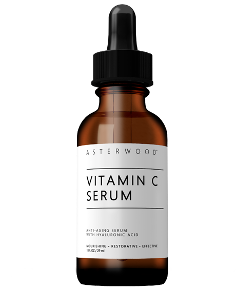 Asterwood Vitamin C Serum 1 fl oz amber bottle, white label noting anti-aging serum with Hyaluronic Acid, nourishing, restorative, effective.