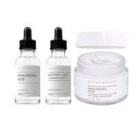Asterwood bundle of Hyaluronic Acid serum, Matrixyl 3000 + Argireline serum, and Hyaluronic Acid Anti-Aging Moisturizer jar with whipped cream texture visible.