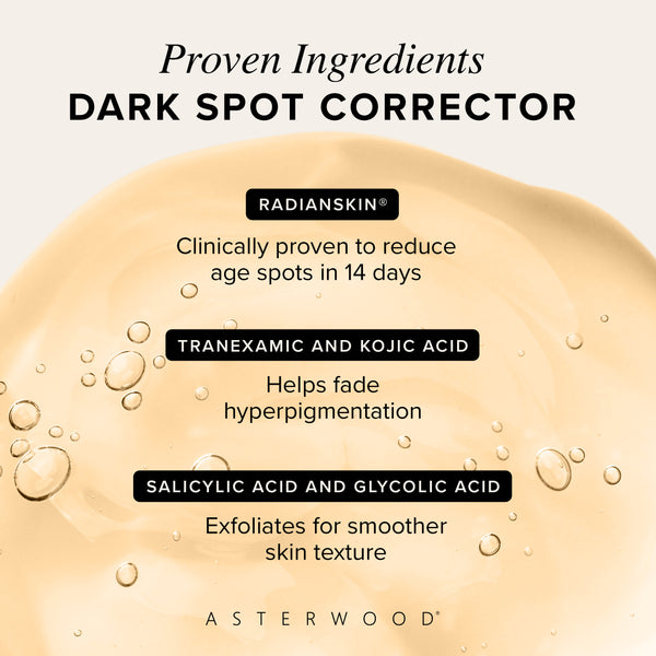 Proven ingredients diagram over a golden serum background listing Radianskin, Tranexamic and Kojic Acid, plus Salicylic and Glycolic Acid benefits.