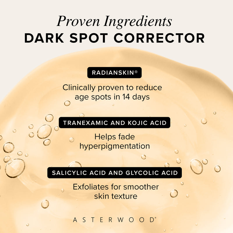 Proven ingredients diagram over a golden serum background listing Radianskin, Tranexamic and Kojic Acid, plus Salicylic and Glycolic Acid benefits.