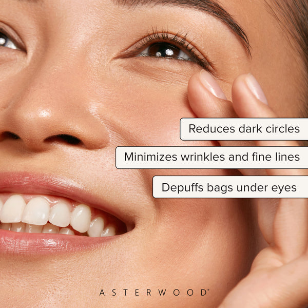 Close-up of a smiling woman holding skin at the outer eye with callouts: reduces dark circles, minimizes wrinkles and fine lines, depuffs bags under eyes.