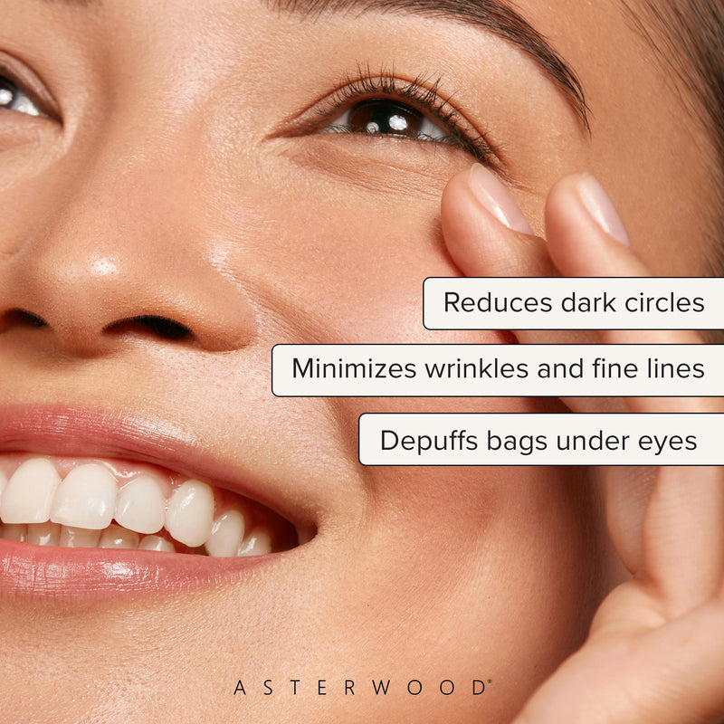 Close-up of a smiling woman holding skin at the outer eye with callouts: reduces dark circles, minimizes wrinkles and fine lines, depuffs bags under eyes.