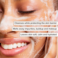 Close-up of a smiling woman with foamy cleanser on her cheeks, callouts list barrier protection, melts impurities, and leaves skin soft and hydrated.