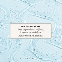 Pale blue cleanser swatch background with a callout stating Asterwood formulas are free of parabens, sulfates, fragrances, and dyes, and cruelty-free.