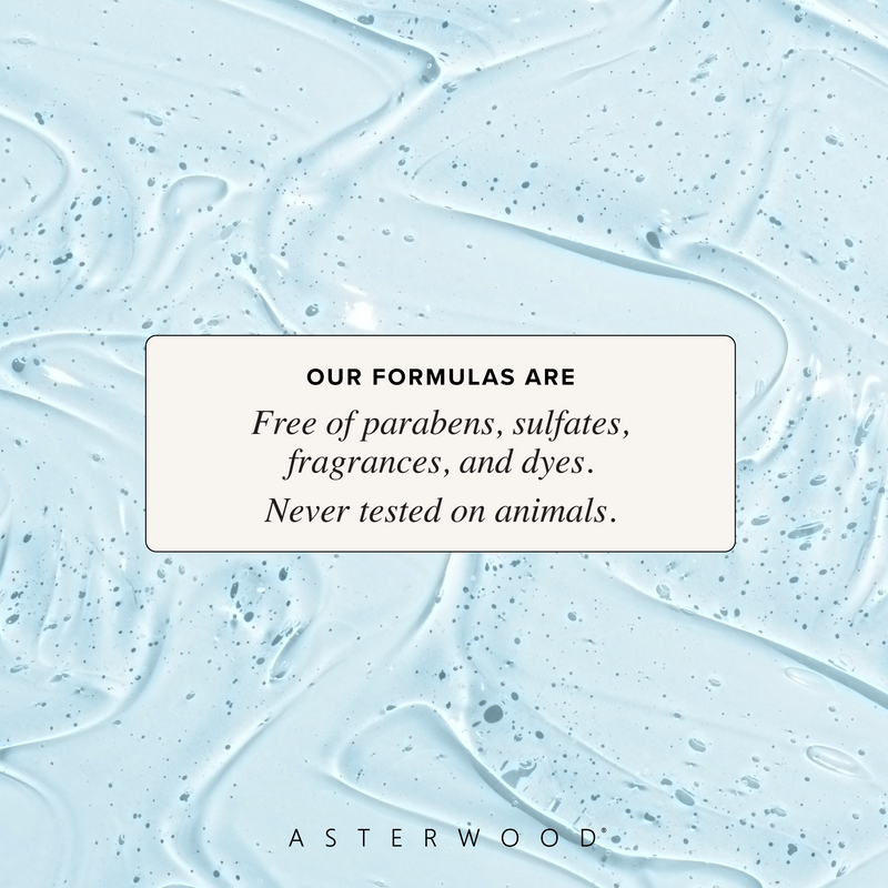 Pale blue cleanser swatch background with a callout stating Asterwood formulas are free of parabens, sulfates, fragrances, and dyes, and cruelty-free.