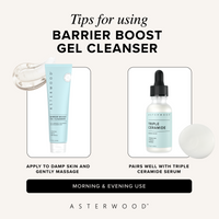 Usage tips graphic showing Barrier Boost Gel Cleanser paired with Triple Ceramide Serum, instructions to apply to damp skin, morning and evening.