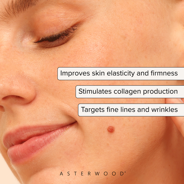 Close-up of a smiling woman with callouts: improves skin elasticity and firmness, stimulates collagen production, targets fine lines and wrinkles.