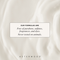 Cream-toned background swirl with a callout: Asterwood formulas are free of parabens, sulfates, fragrances, and dyes, cruelty-free.