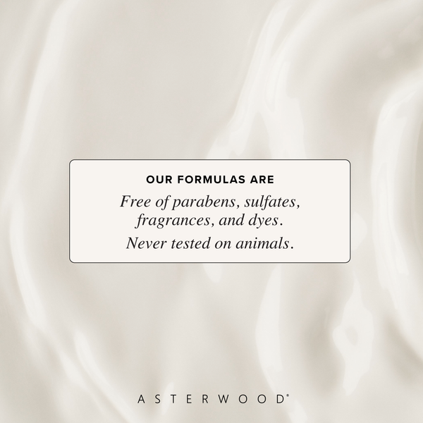 Cream-toned background swirl with a callout: Asterwood formulas are free of parabens, sulfates, fragrances, and dyes, cruelty-free.