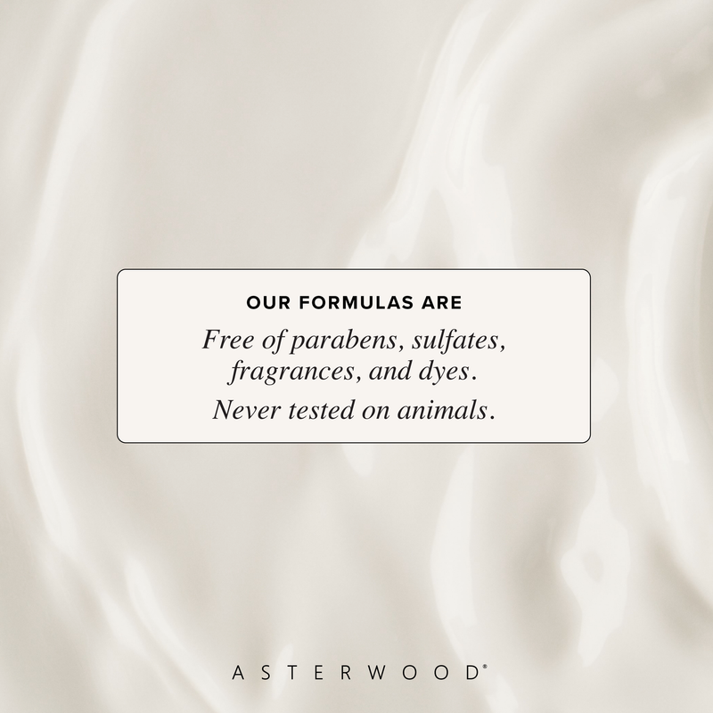 Cream-toned background swirl with a callout: Asterwood formulas are free of parabens, sulfates, fragrances, and dyes, cruelty-free.