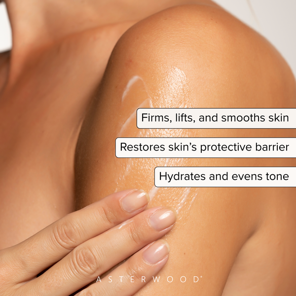 Close-up of a smooth bare shoulder with light cream smoothed in, callouts: firms, lifts, and smooths skin, restores barrier, hydrates and evens tone.