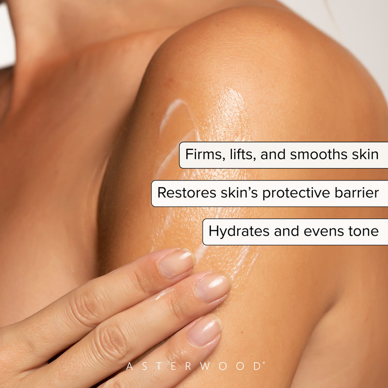 Close-up of a smooth bare shoulder with light cream smoothed in, callouts: firms, lifts, and smooths skin, restores barrier, hydrates and evens tone.