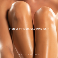 Close-up of toned glowing legs side by side under headline 'visibly firmer, glowing skin', illustrating Power Peptide Body Cream results.