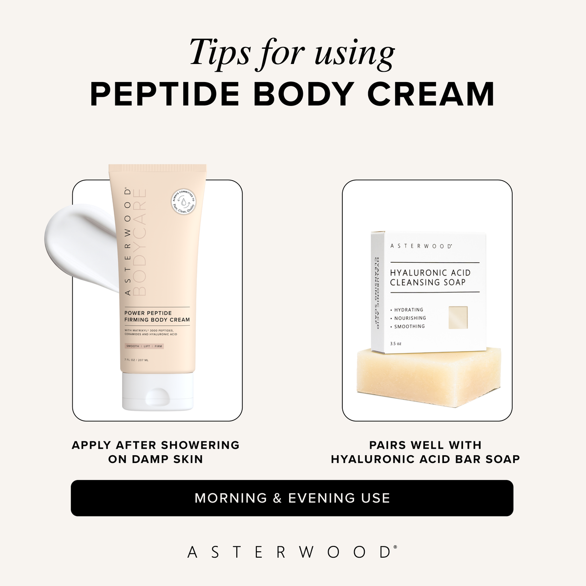 Tips graphic for Power Peptide Firming Body Cream: apply after showering on damp skin, pairs with the Hyaluronic Acid Cleansing Soap, morning and evening use.