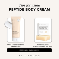 Tips for using Peptide Body Cream graphic: apply after showering on damp skin, pairs with Hyaluronic Acid Cleansing Soap, morning and evening use.