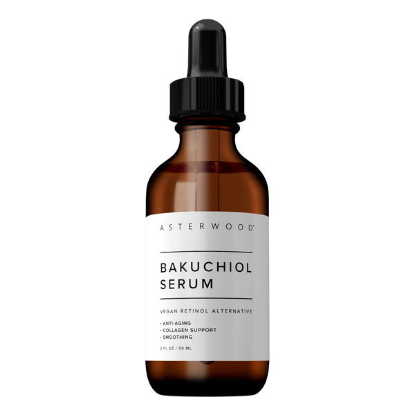 Asterwood Bakuchiol Serum 2 fl oz amber dropper bottle, mid-size of the plant-based retinol alternative.
