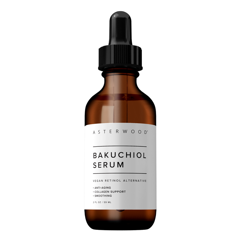 Asterwood Bakuchiol Serum 2 fl oz amber dropper bottle, mid-size of the plant-based retinol alternative.