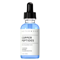 Asterwood Copper Peptides Serum 1 fl oz clear bottle with blue-violet liquid, label highlights Hyaluronic Acid, tightening, repairing, collagen boosting.