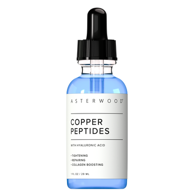 Asterwood Copper Peptides Serum 1 fl oz clear bottle of blue serum with black dropper, label with Hyaluronic Acid reads tightening, repairing, collagen boosting.