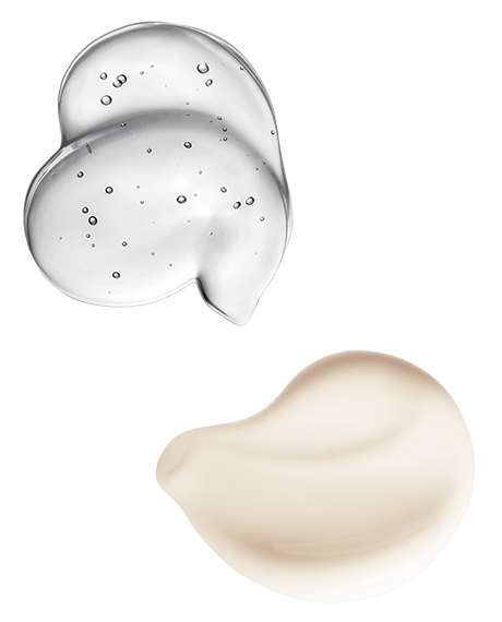 Swatches of the Dew It Up Bundle on white, a clear Hyaluronic Acid serum droplet above an ivory Triple Repair Cream stroke.