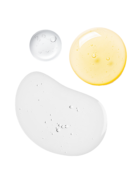 Three swatches from the Fine Line Trio on white, two clear serum drops beside a golden Vitamin C serum droplet.