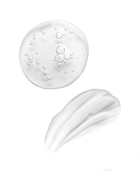 Macro swatches showing clear Hyaluronic Acid serum droplet above a thick white moisturizer streak.