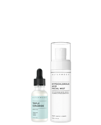 Asterwood Barrier Boost Duo: Triple Ceramide barrier serum 1 fl oz frosted bottle beside the Hypochlorous Acid Facial Mist 4 fl oz spray.