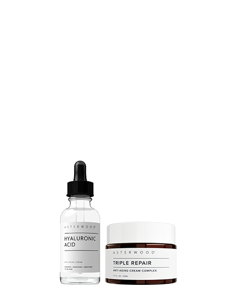 Asterwood Dew It Up Bundle: Hyaluronic Acid serum dropper bottle next to Triple Repair Anti-Aging Cream Complex amber jar.