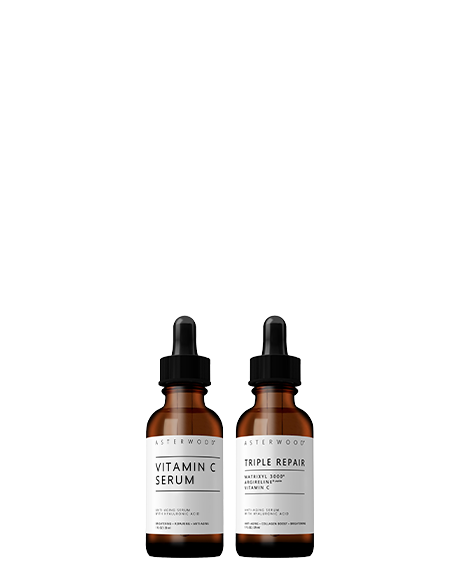 Asterwood Glow & Go Bundle: Vitamin C Serum amber bottle paired with Triple Repair Matrixyl 3000 + Argireline + Vitamin C serum.