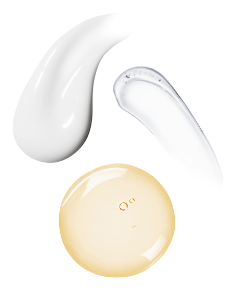 Macro swatches of the Skin Rescue Routine: thick white moisturizer, clear HA eye serum streak, and golden Triple Repair droplet.